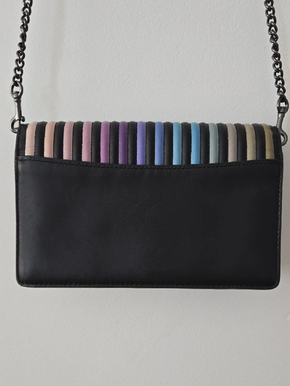 COACH Multicolor Ribbed Leather Crossbody — Black Trim with Pastel Stripe Panel